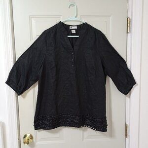 Carole Little Womens Black 100% Linen Tunic Top With Crochet Hem Size 1X